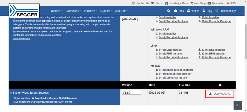 Download files for SystemView software target from SEGGER website